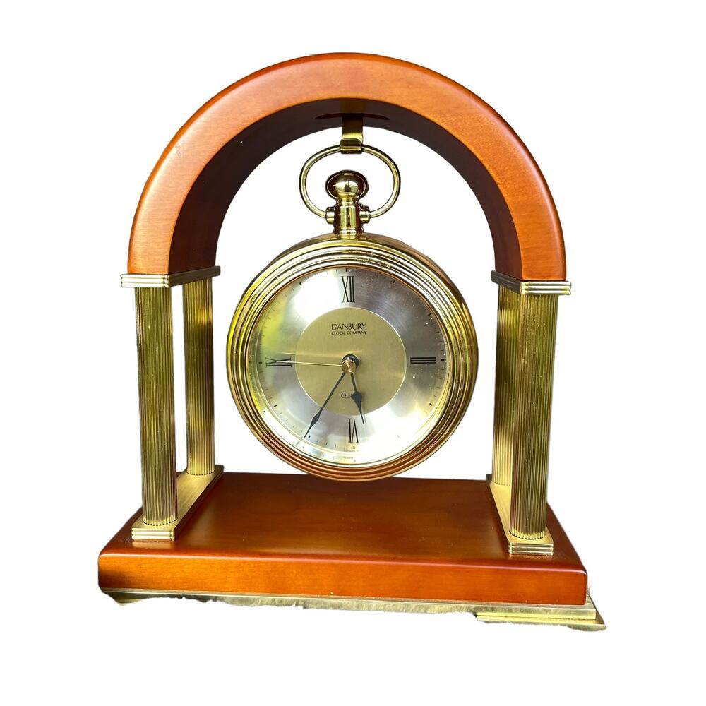 Danbury Clock Pocket Watch Style Mantle Pendulum Gold Tone Wood Arch Works READ